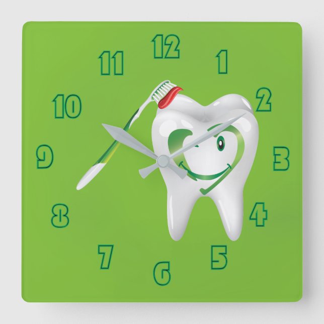 Dental Cartoon Tooth Toothbrush Green Square Wall Clock (Front)