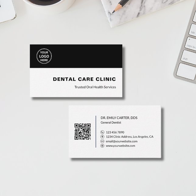 Dental Clinic Dentist Custom Logo QR Code Black Business Card (Dental Clinic Dentist Custom Logo QR Code Black Business Card)