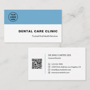 Dental Clinic Dentist Logo QR Code Blue White Business Card