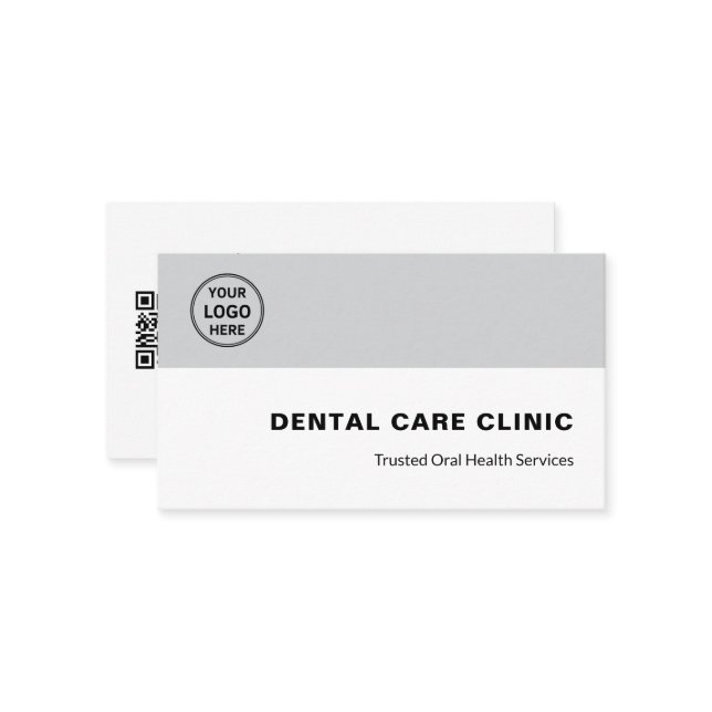 Dental Clinic Dentist Professional Logo QR Gray Business Card (Front/Back In Situ)