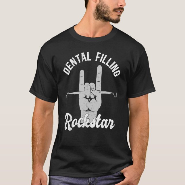 Dental filling rockstar, funny dentist, hand horns T-Shirt (Front)