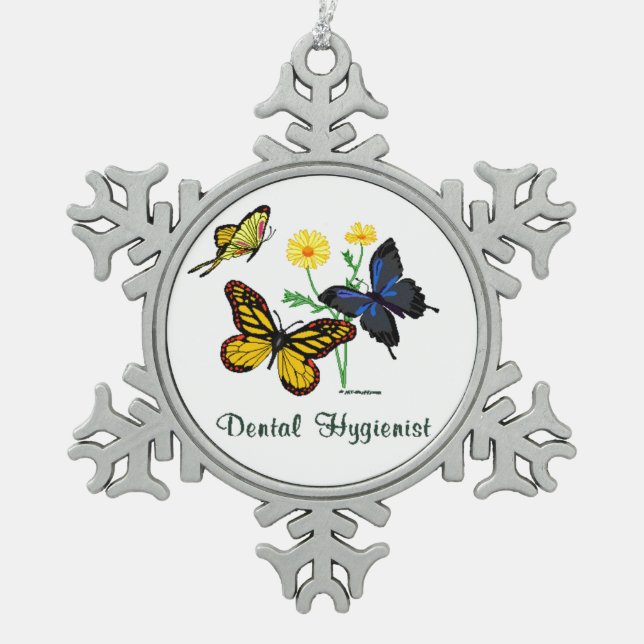 Dental Hygienist Butterflies Snowflake Pewter Christmas Ornament (Front)