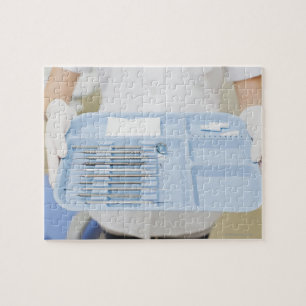 Dental hygienist  holding tray of dental jigsaw puzzle