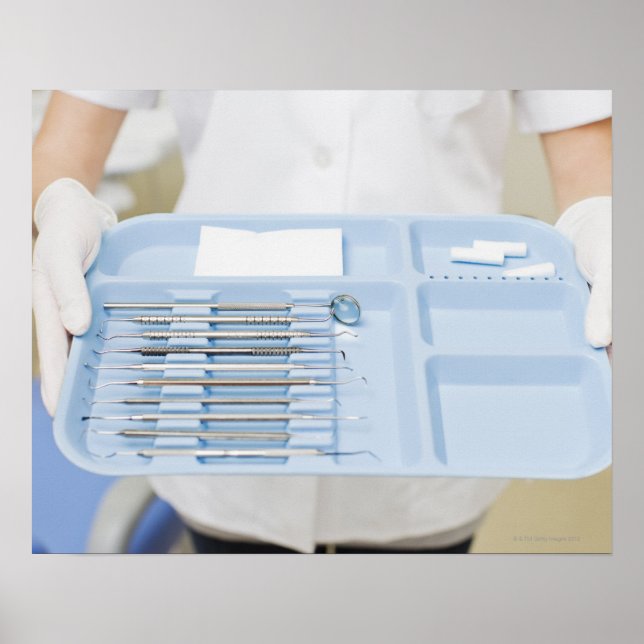 Dental hygienist  holding tray of dental poster (Front)
