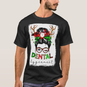 Dental Hygienist Messy Bun Leopard Plaid Chrismtas T-Shirt
