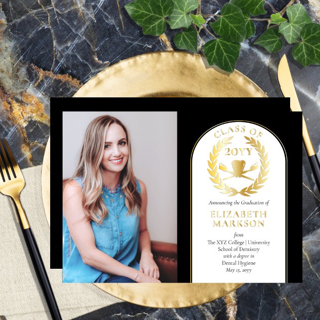 Dental Hygienist Photo Grad Announcement Gold Foil (Elegant Dental Hygienist Photo Gold Foil Graduation Announcement)