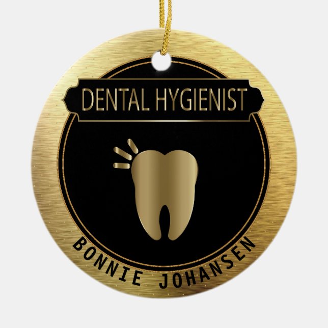 Dental 🦷 Hygienist - UpScale Black and Gold Ceramic Tree Decoration (Front)