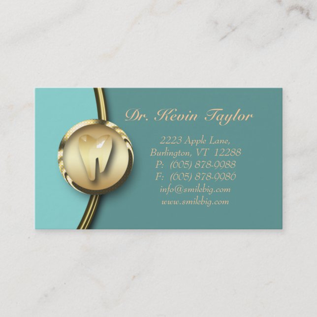 Dental Molar Business Card Gold Metal Blue (Front)
