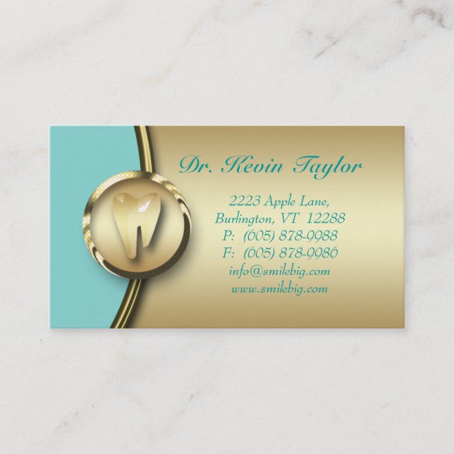 Dental Molar Business Card Gold Metal Blue 2 (Front)