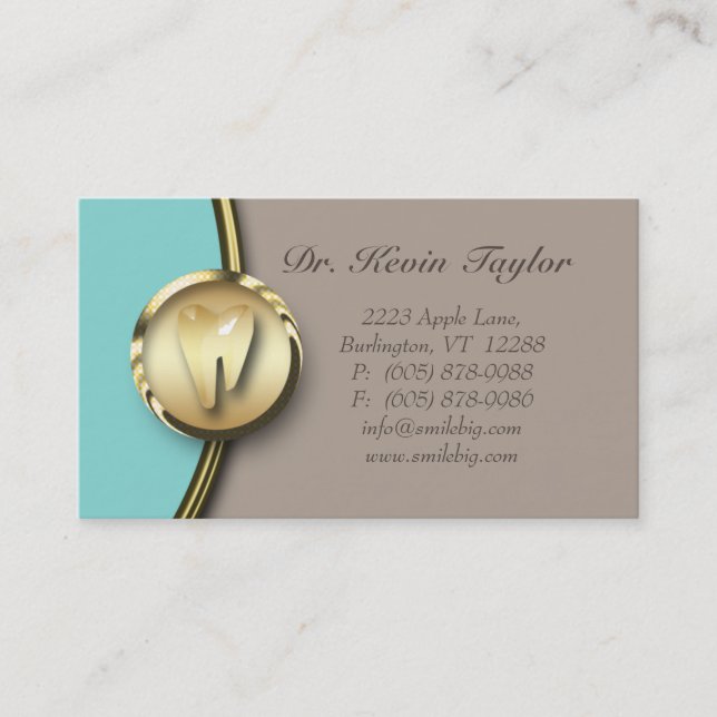 Dental Molar Business Card Gold Metal Blue Beige (Front)