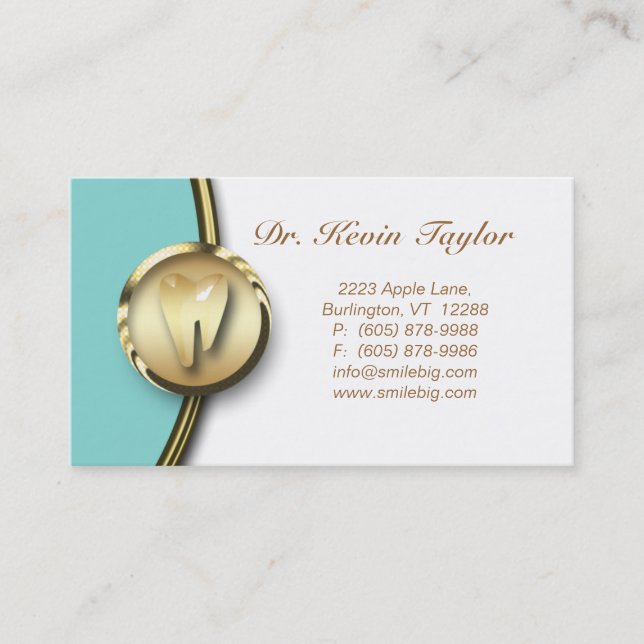Dental Molar Business Card Gold White Blue (Front)