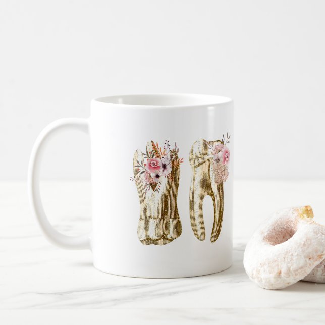Dental Molar Teeth Illustration with Flowers Coffee Mug (With Donut)