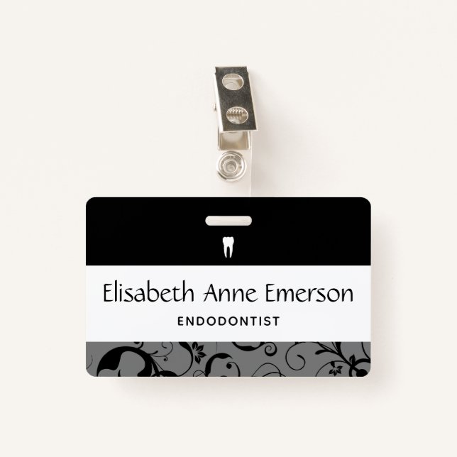 Dental Office Staff Pro Damask ID Badge (Front with Clip)
