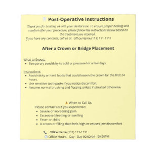 Dental Post Op Instructions (Crown or Bridge) Notepad