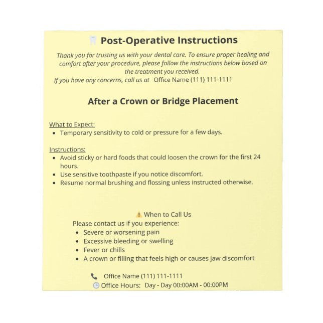  Dental Post Op Instructions (Crown or Bridge) Notepad (Front)