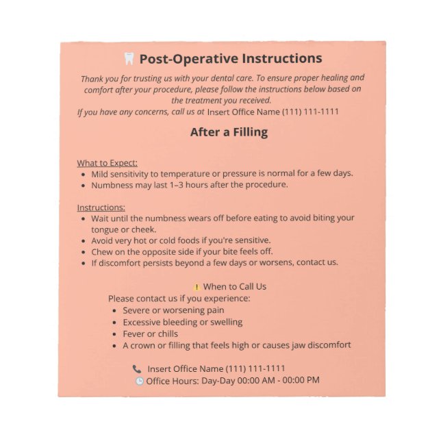 Dental Post Op Instructions Notepad (Filling) (Front)