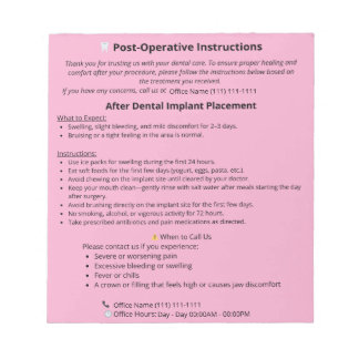  Dental Post Op Instructions Notepad (Implant)