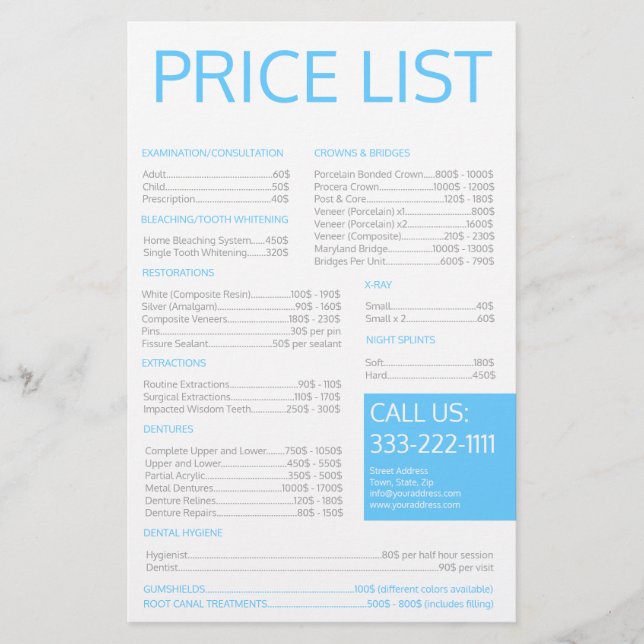 Dental Practice Dentist Simple Price List Stationery (Front)