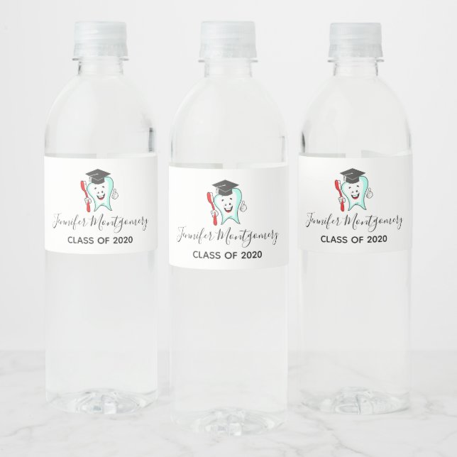 Dental School Happy Tooth Graduation Cap Water Bottle Label (Bottles)