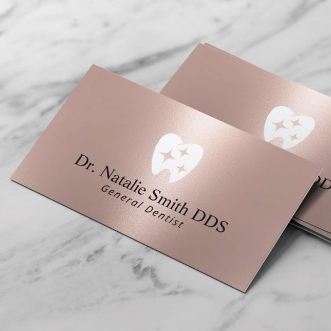 Dental Sparkle Tooth Logo Modern Rose Gold Dentist Business Card (Creator Uploaded)