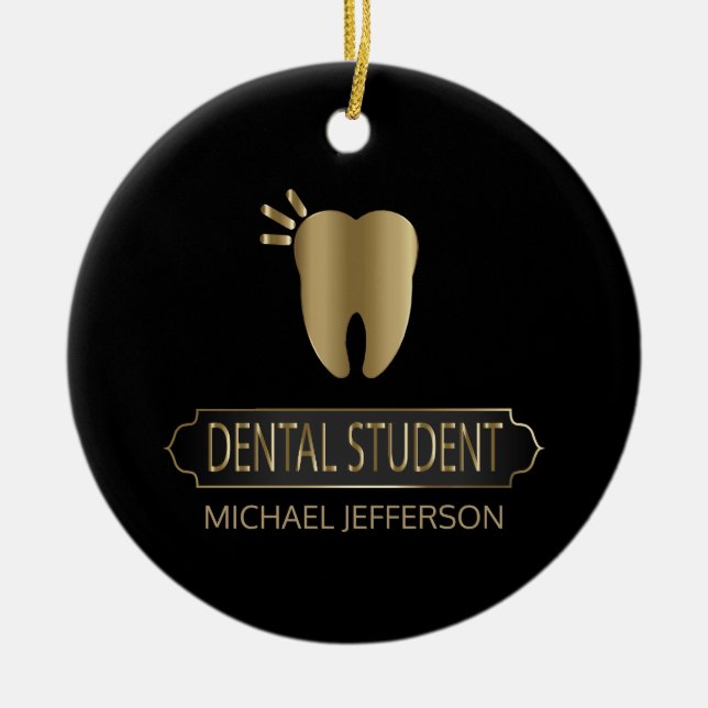 Dental 🦷 Student  - Black and Gold Ceramic Tree Decoration (Front)