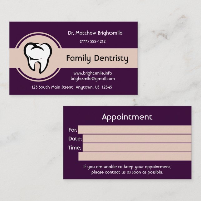 Dental White Tooth on Pale Yellow Centre Stripe Appointment Card (Front/Back)