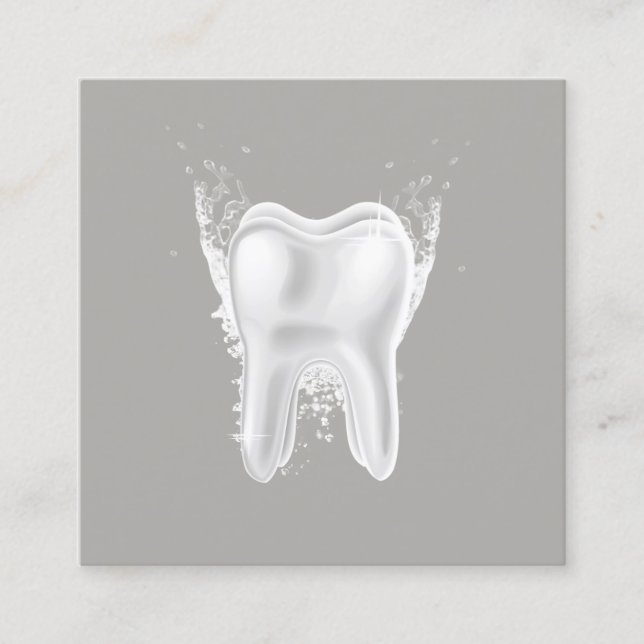 Dentist 3D White Tooth Grey Dental Clinic Square Business Card (Front)