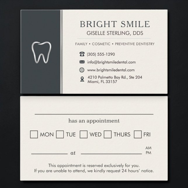 Dentist Black Silver Metallic Tooth Appointment Card (Creator Uploaded)