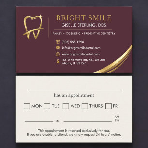 Dentist Burgundy Gold Logo Dental Appointment Business Card