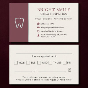 Dentist Burgundy Metallic Tooth Appointment Business Card