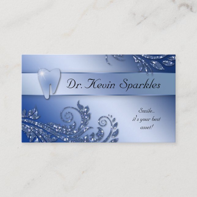 Dentist Business Card Blue Sparkle Leaf Tooth Logo (Front)