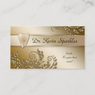 Dentist Business Card Gold Sparkle Leaf Tooth Logo