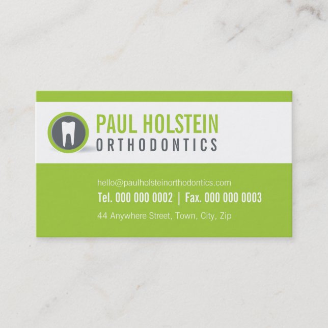 DENTIST BUSINESS CARD :: modern tooth logo 2 lime (Front)