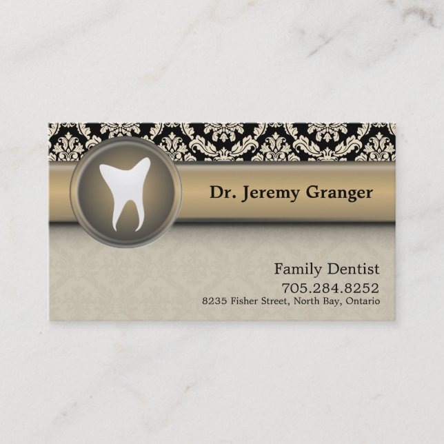 Dentist Business Card - Tooth Vintage Beige & Gold (Front)