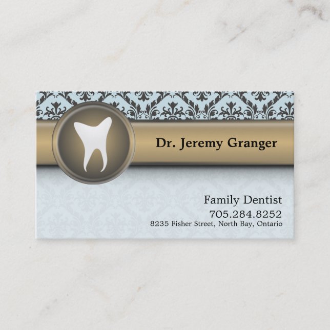 Dentist Business Card - Tooth Vintage Blue & Gold (Front)