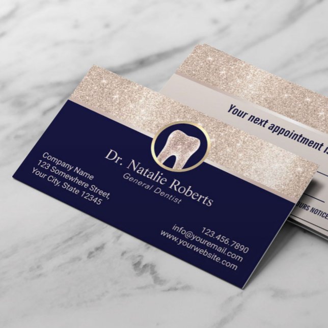 Dentist Chic Gold Border Tooth Logo Navy Dental Appointment Card (Creator Uploaded)