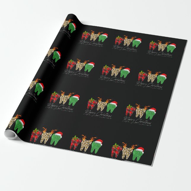 Dentist Christmas Funny Leopard Plaid Tooth Dental Wrapping Paper (Unrolled)