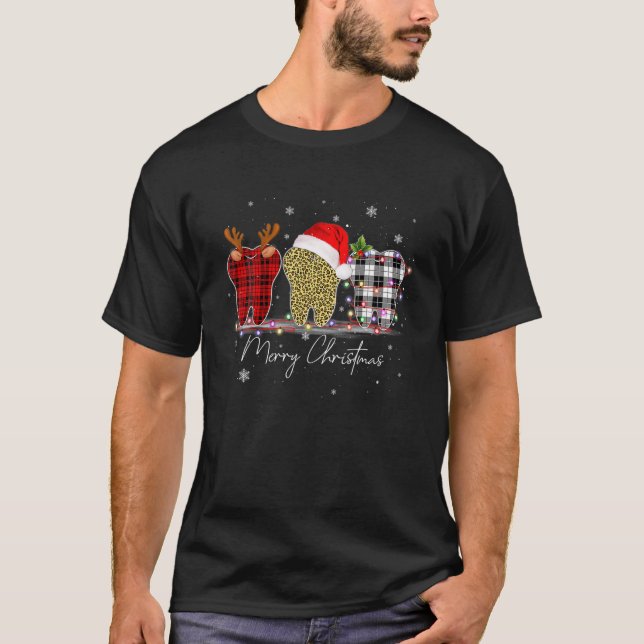 Dentist Christmas Funny Leopard Plaid Tooths Denta T-Shirt (Front)