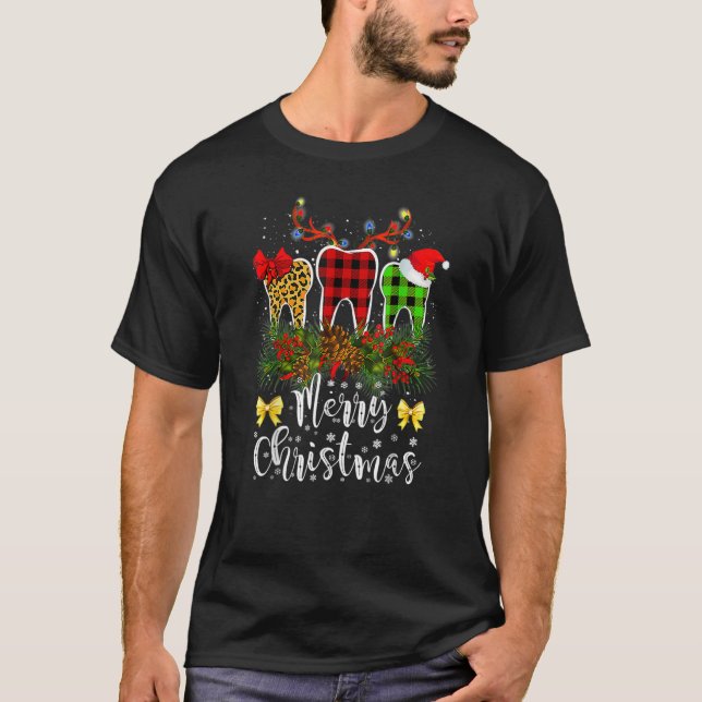 Dentist Christmas  Leopard Plaid Tooths Dental Cos T-Shirt (Front)