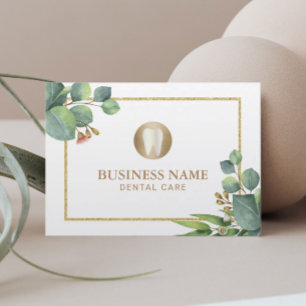 Dentist Dental Care Modern Gold Border Botanical Business Card