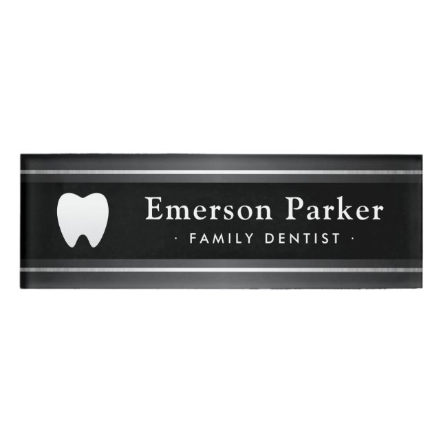 Dentist dental white tooth black gray name tag (Front)