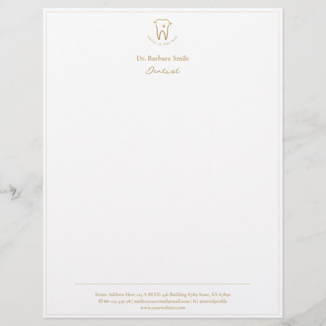 Dentist Dentistry Frame Gold Tooth White Blue Grey Custom Letterhead (Front)