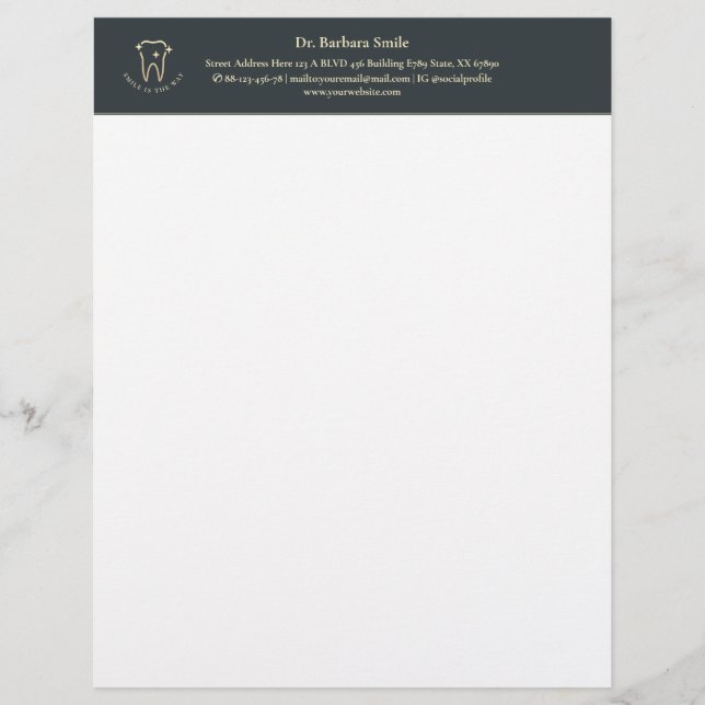 Dentist Dentistry Gold Tooth Dark Blue Grey Custom Letterhead (Front)