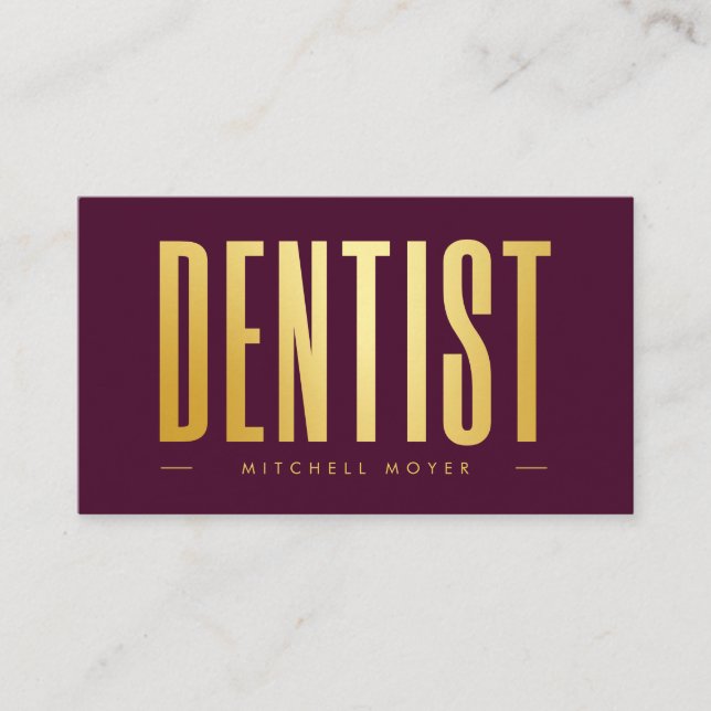 Dentist Dentistry Tooth Logo Burgundy & Gold Business Card (Front)