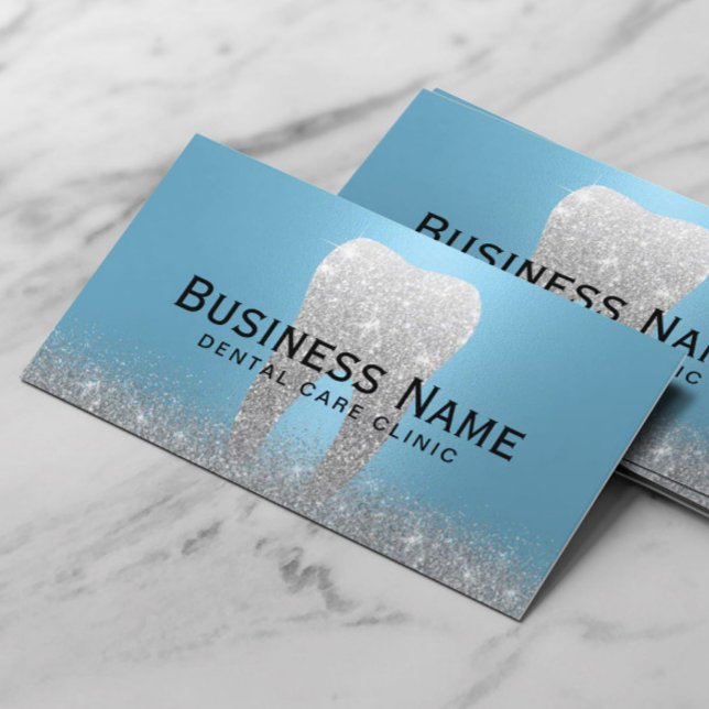 Dentist Glitter Tooth Blue & Silver Dental Clinic Appointment Card (Creator Uploaded)