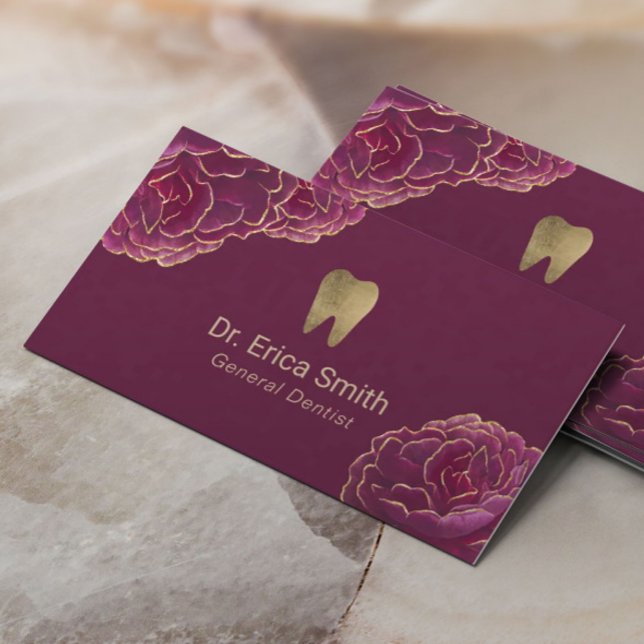 Dentist Gold Tipped Burgundy Floral Dental Care Business Card (Creator Uploaded)