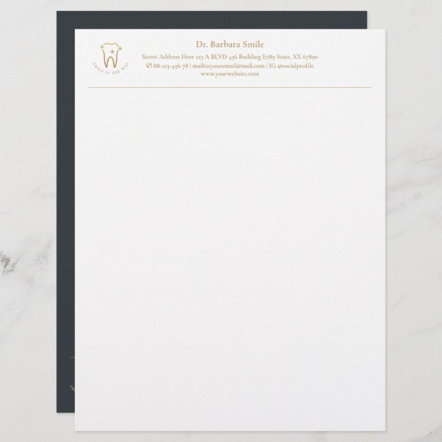 Dentist Gold Tooth Dentistry Dark Blue Grey Custom Letterhead (Front/Back)