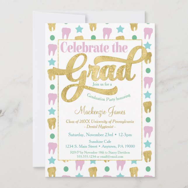 Dentist Graduation Hygienist Pink Gold Invitation (Front)