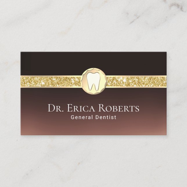 Dentist Modern Gold Tooth Logo Dark Brown Dental Business Card (Front)