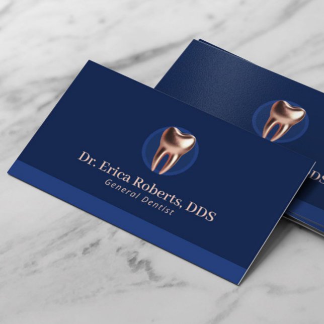 Dentist Modern Rose Gold Tooth Navy Blue Dental Business Card (Creator Uploaded)